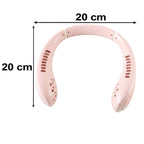 USB Rechargeable Bladeless Neck Fan (1 Pc) in pink color with specifications for dimensions.