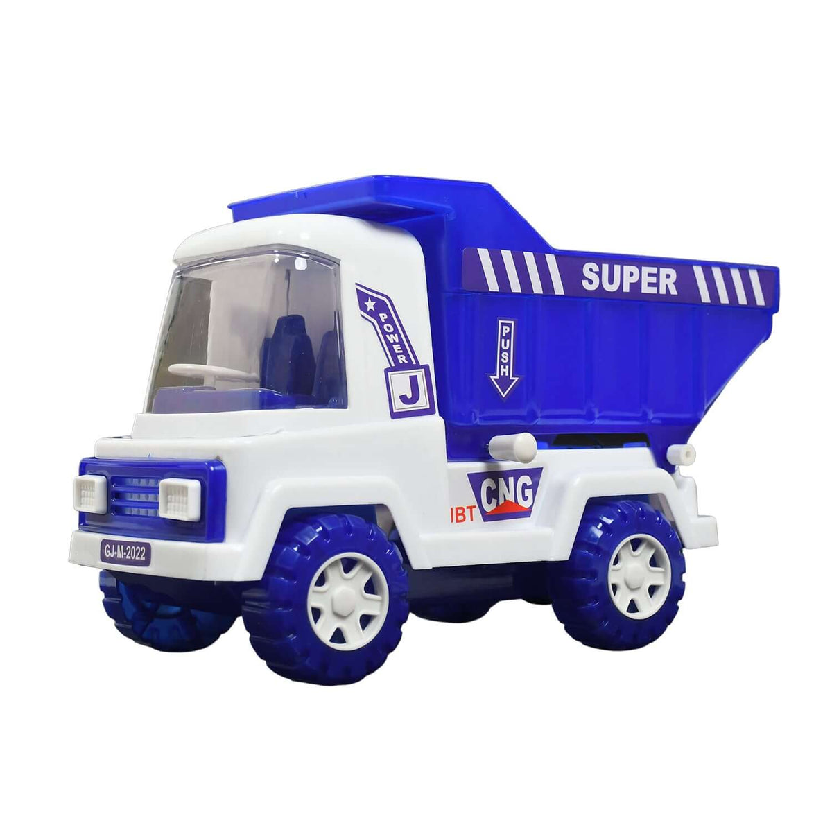 Big friction powered dumper truck for kids with blue container and white chassis.