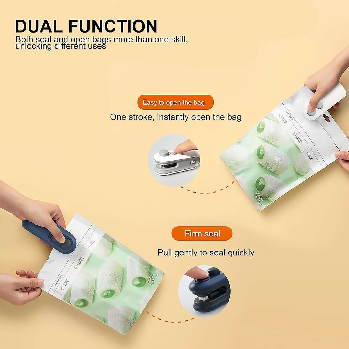 Dual function of mini bag sealer and cutter showcasing sealing and opening bags effortlessly.
