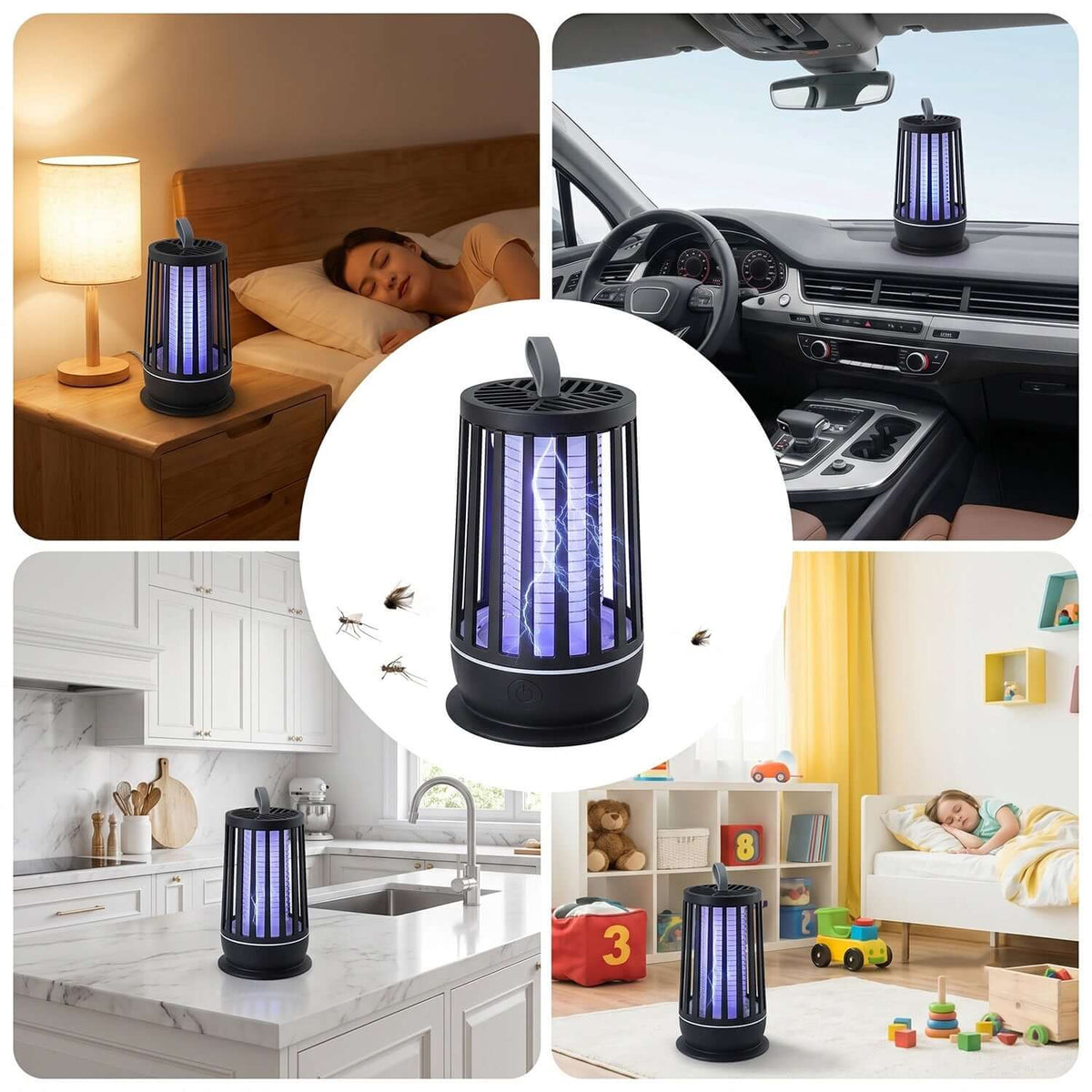 Indoor electric mosquito killer lamp in various settings like bedroom, kitchen, and car, effectively zapping insects with UV light.