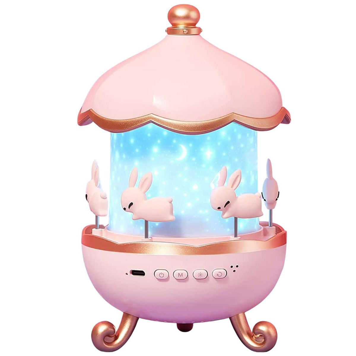 Bunny carousel rotating LED night light with music for kids, features bunnies and star projection for a calming backdrop.
