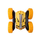 Remote control flip stunt car with bright yellow wheels designed for double flips and 360° rolls.