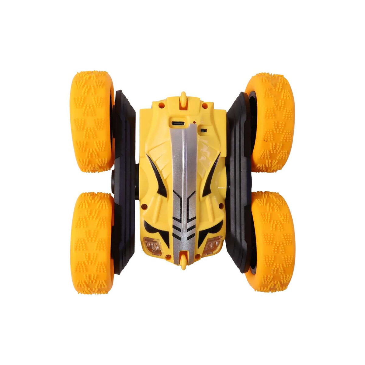 Remote control flip stunt car with bright yellow wheels designed for double flips and 360° rolls.