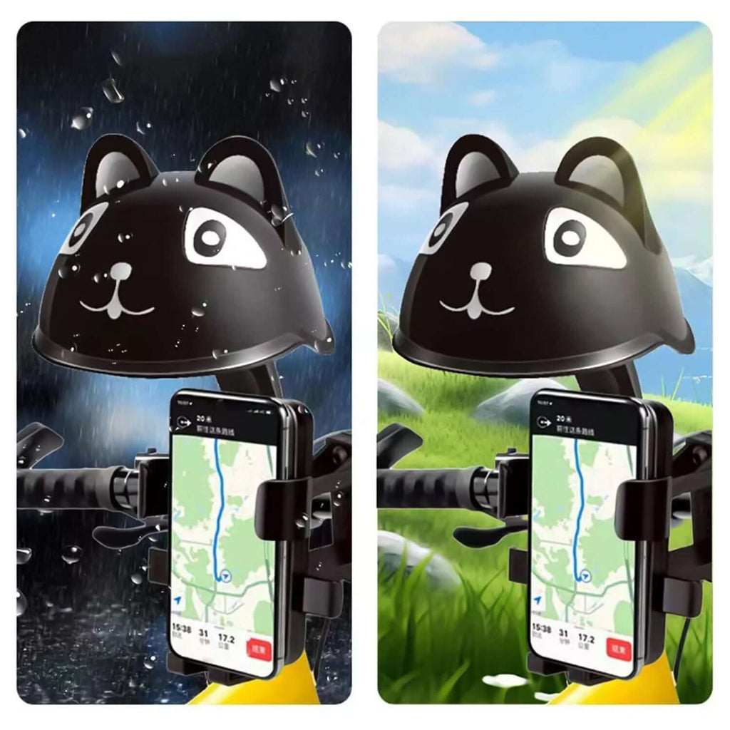 Bike handlebar sun visor protecting phone screen from sun and rain while displaying GPS map directions.