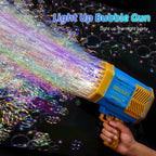69-Hole Rechargeable Bubble Gun for Kids (Rocket Boom) with colorful bubbles shooting out.