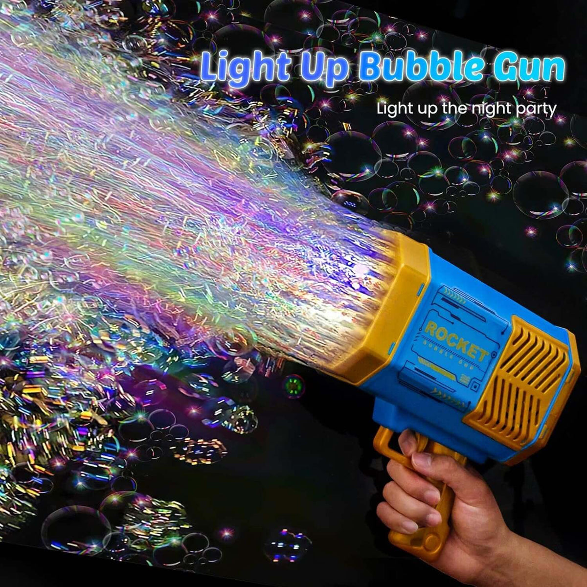 69-Hole Rechargeable Bubble Gun for Kids (Rocket Boom) with colorful bubbles shooting out.