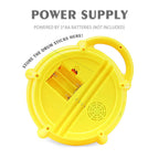 Colorful drum toy for kids power supply view with battery compartment and storage for drumsticks.