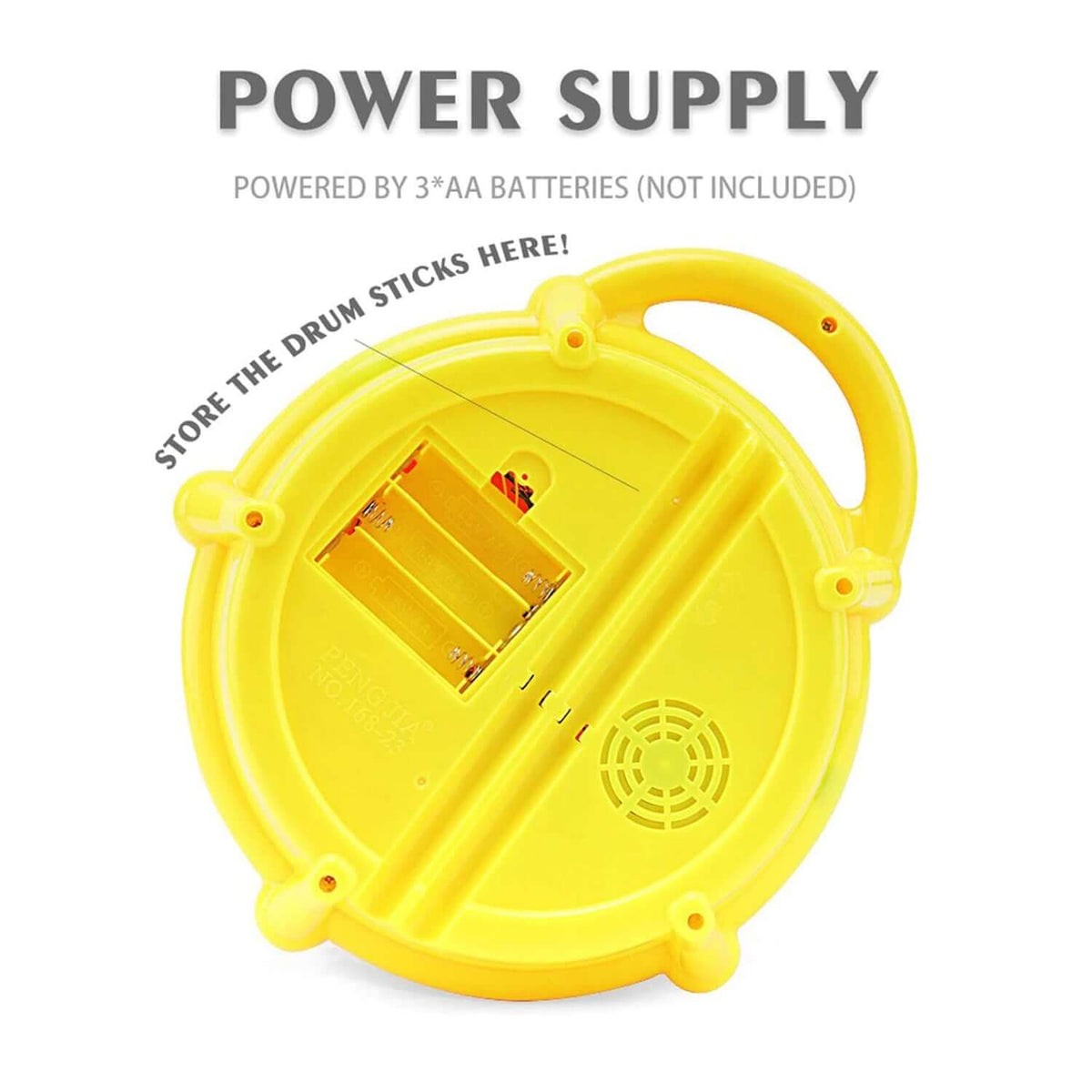 Colorful drum toy for kids power supply view with battery compartment and storage for drumsticks.