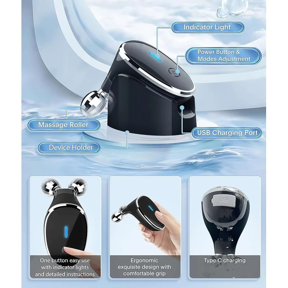 Microcurrent Face Massager Roller with ergonomic design, power button, USB port, and adjustable intensity modes.