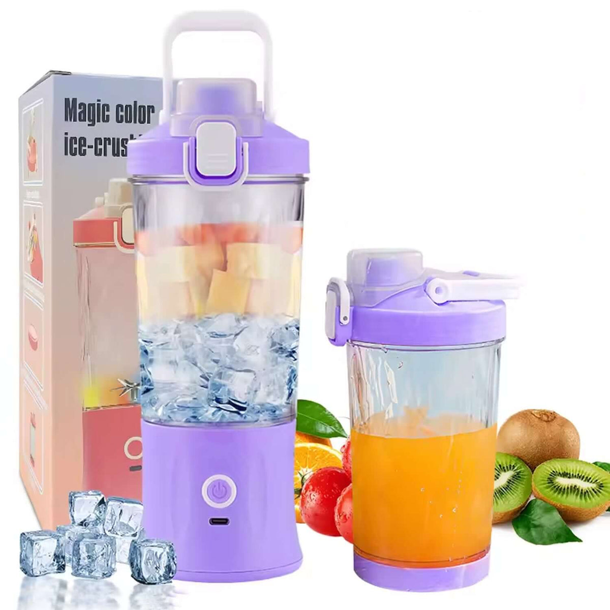 Portable electric juicer blender in purple with ice and fruit, ideal for on-the-go smoothies and shakes.