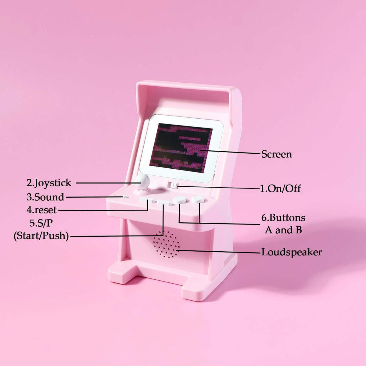 Mini Retro Arcade Gaming Console - 120 Built-in Games with joystick, buttons, and speaker in pink design.