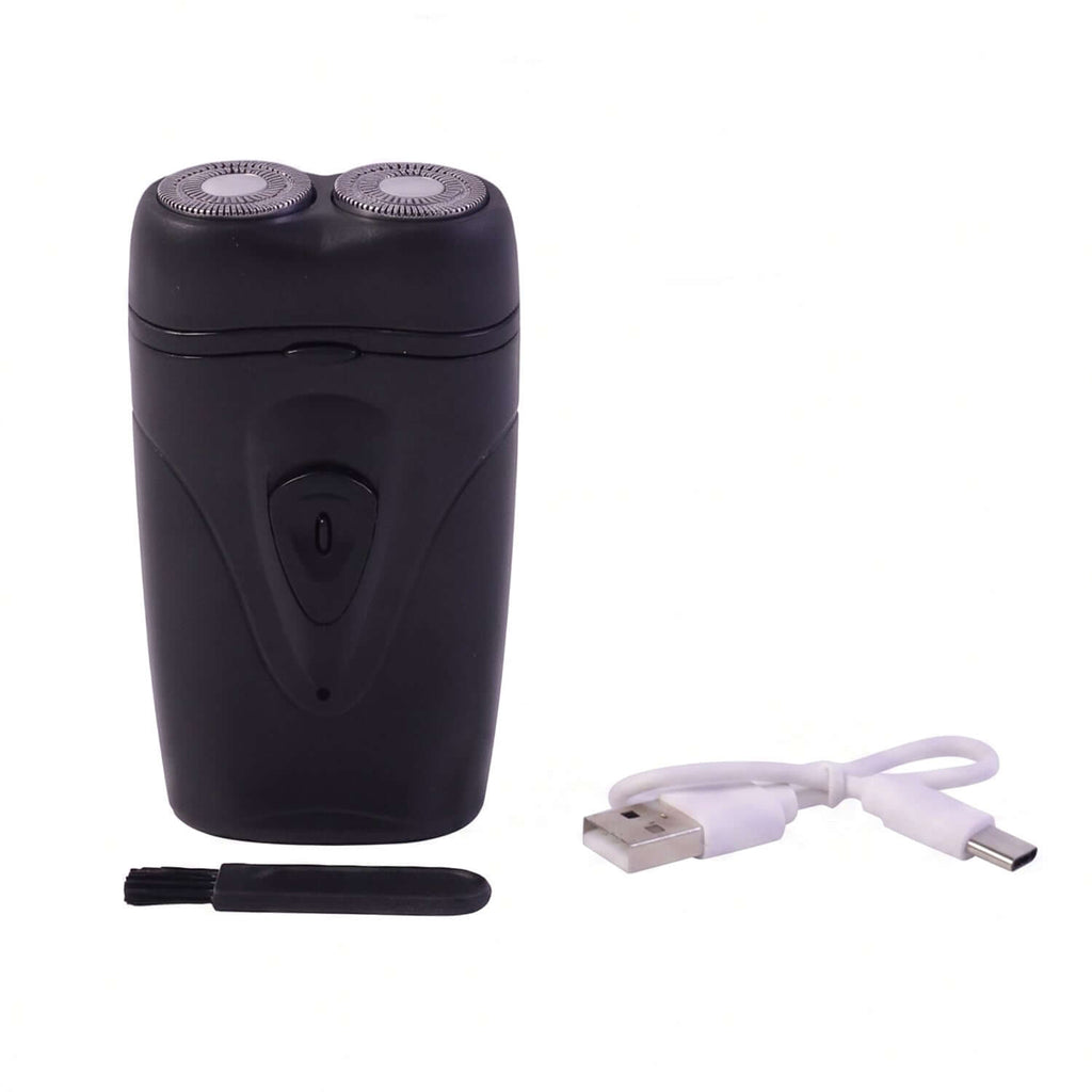 Portable Cordless Electric Shaver for Men with USB charging cable and cleaning brush.
