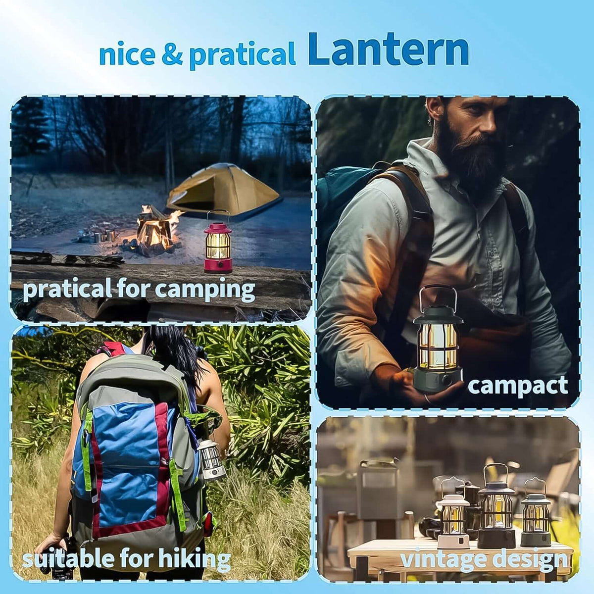 Collage of a Type-C rechargeable camping lantern in use for practical camping, hiking, and outdoor settings.