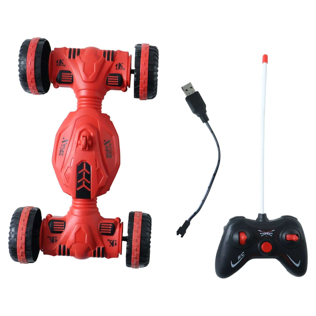 Remote control deformation stunt car with remote and USB charging cable. Ideal for indoor and outdoor play.