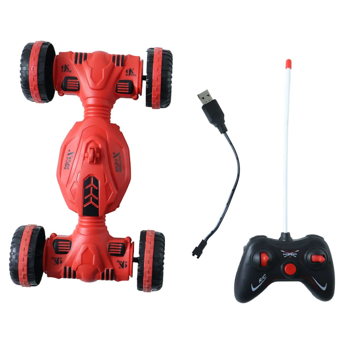 Remote control deformation stunt car with remote and USB charging cable. Ideal for indoor and outdoor play.