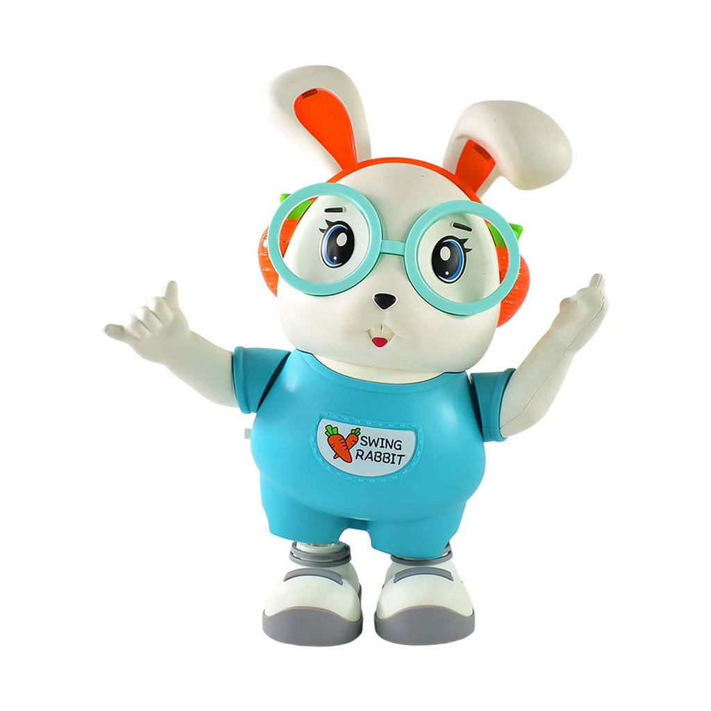 Swing Rabbit musical dancing toy with arms up, wearing glasses, cheerful expression, colorful outfit.