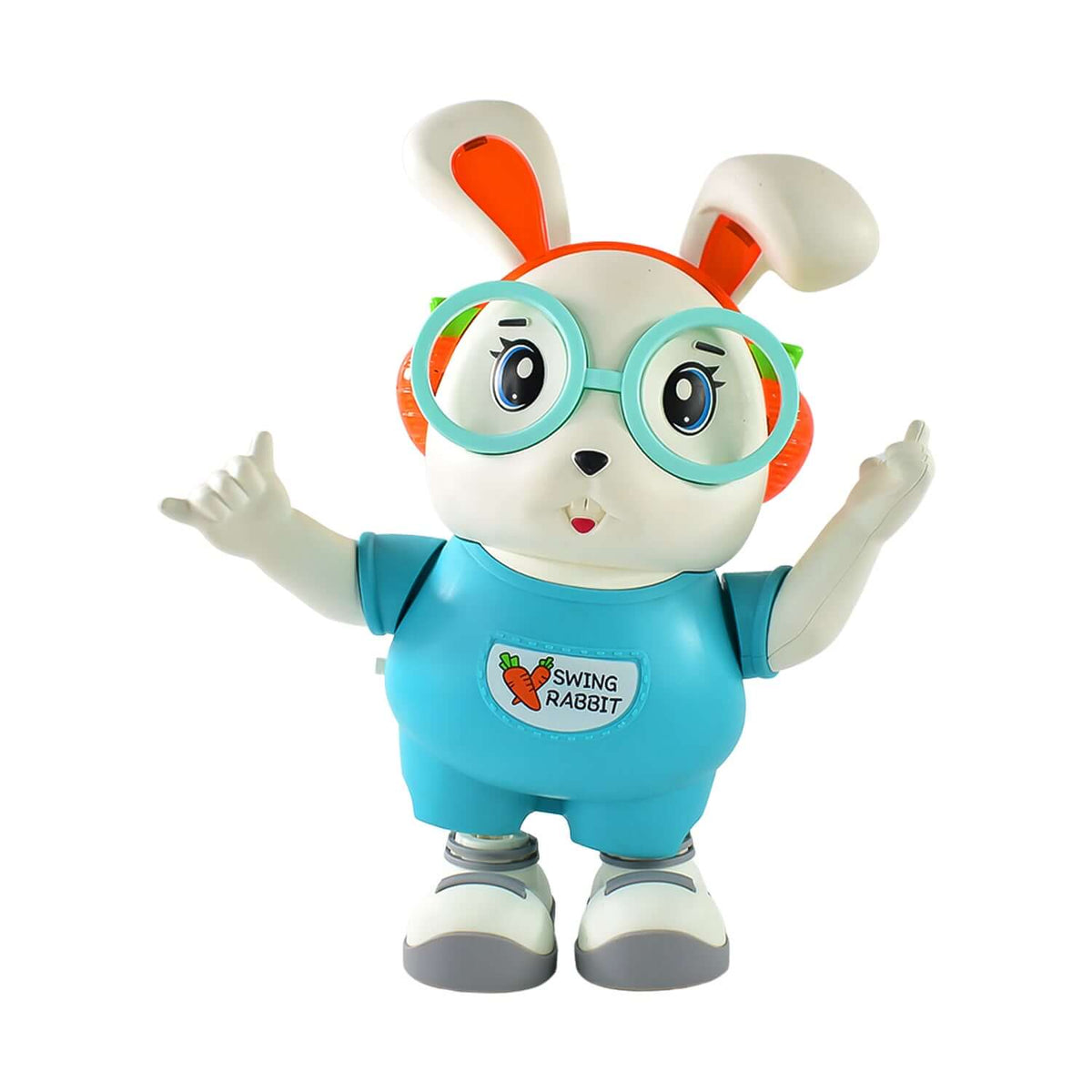 Swing Rabbit musical dancing toy with arms up, wearing glasses, cheerful expression, colorful outfit.