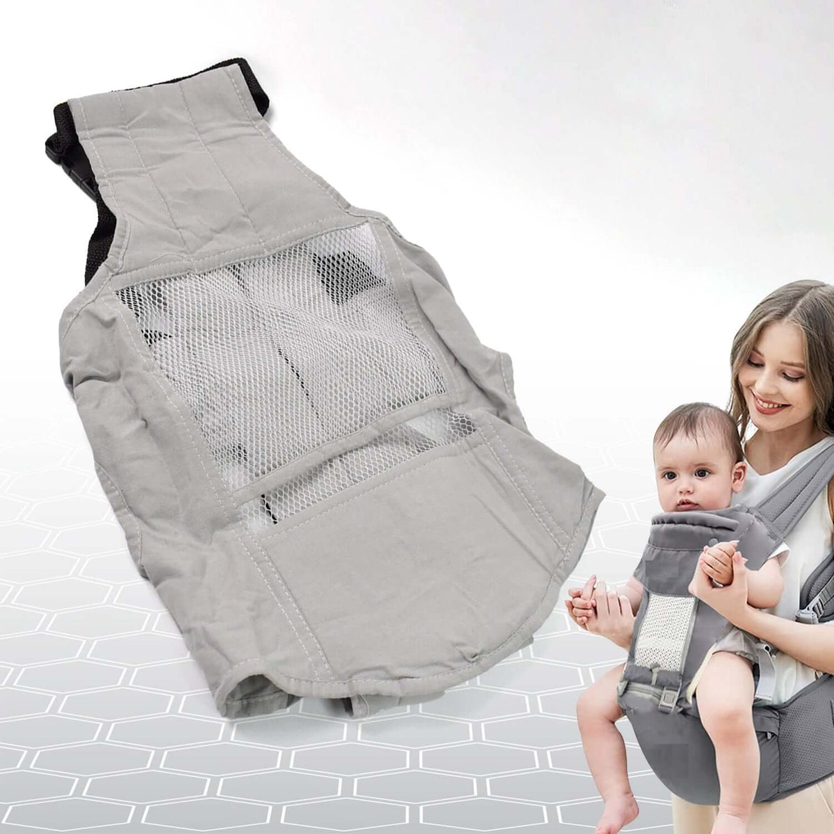 Ergonomic Baby Carrier with Adjustable Sling in use, showcasing padded hip seat and mesh panel for ventilation.