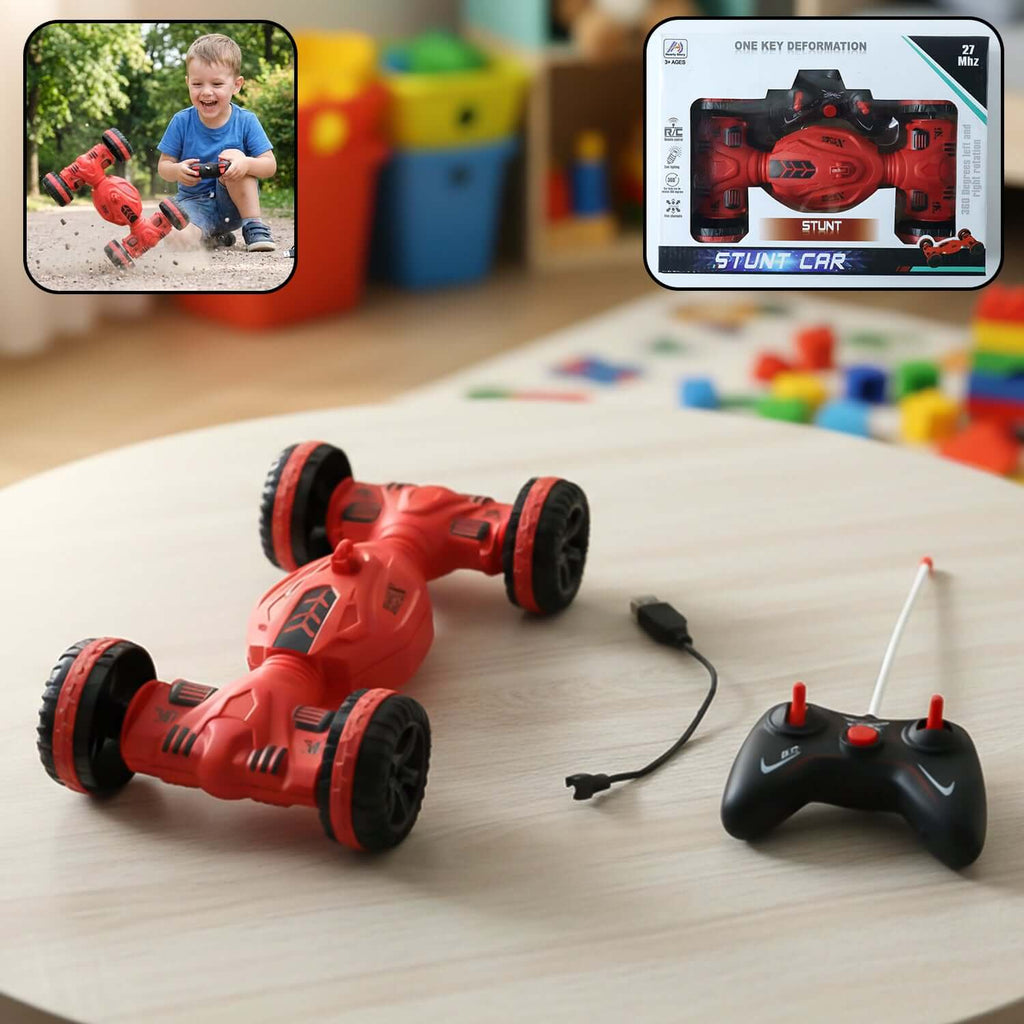 Remote control deformation stunt car on a table with controller and charging cable, showcasing its fun design and features.