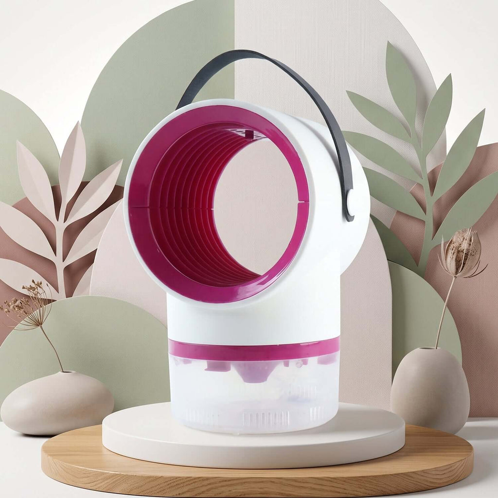 USB mosquito killer lamp with suction trap showcased on a wooden surface against a pastel background.