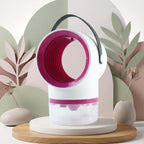 USB mosquito killer lamp with suction trap showcased on a wooden surface against a pastel background.