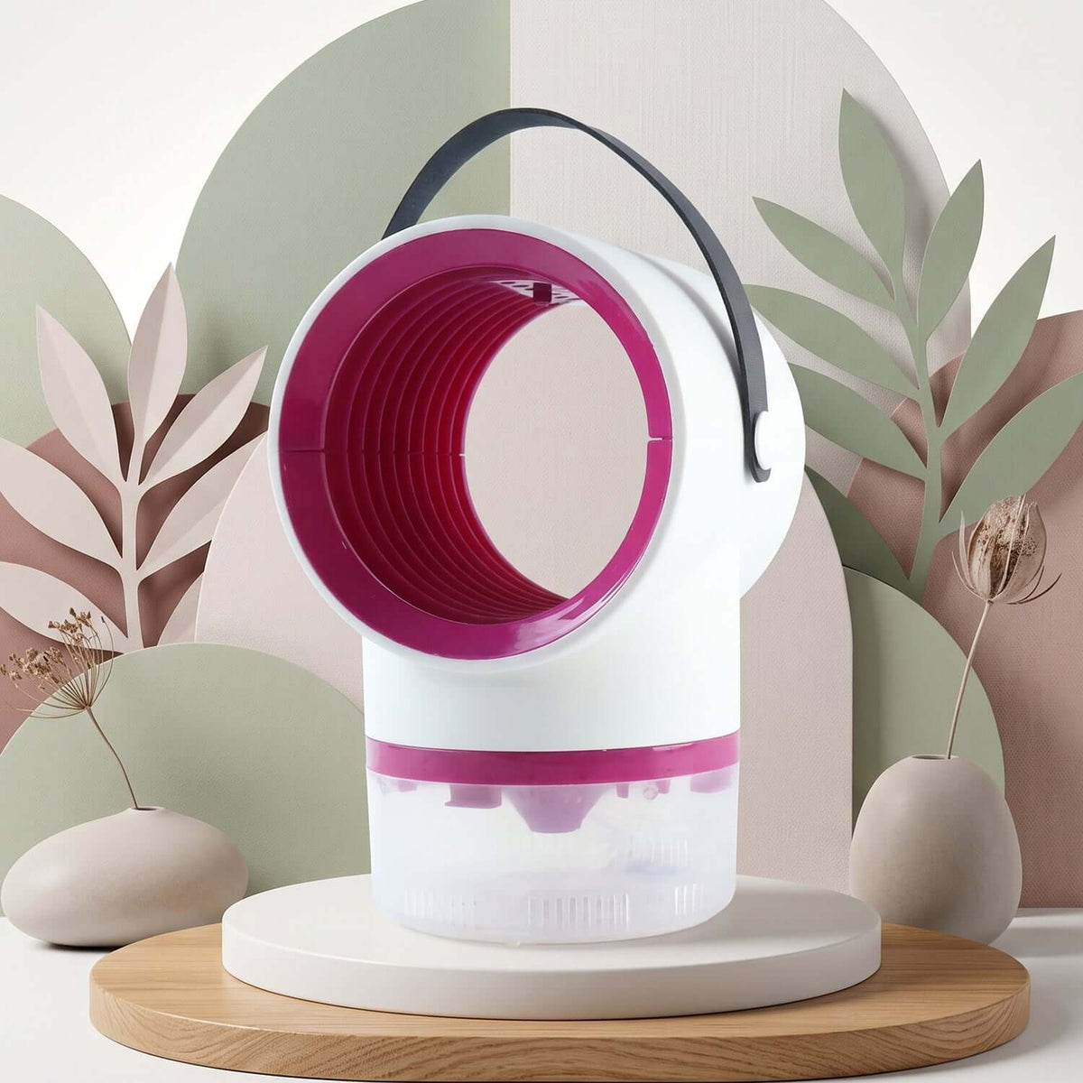 USB mosquito killer lamp with suction trap showcased on a wooden surface against a pastel background.