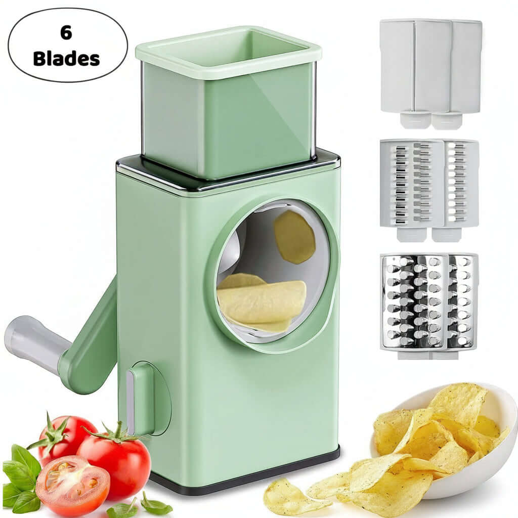 6-in-1 Stainless Steel Vegetable Chopper & Dicer with Suction Base and 6 Blades for easy vegetable cutting.