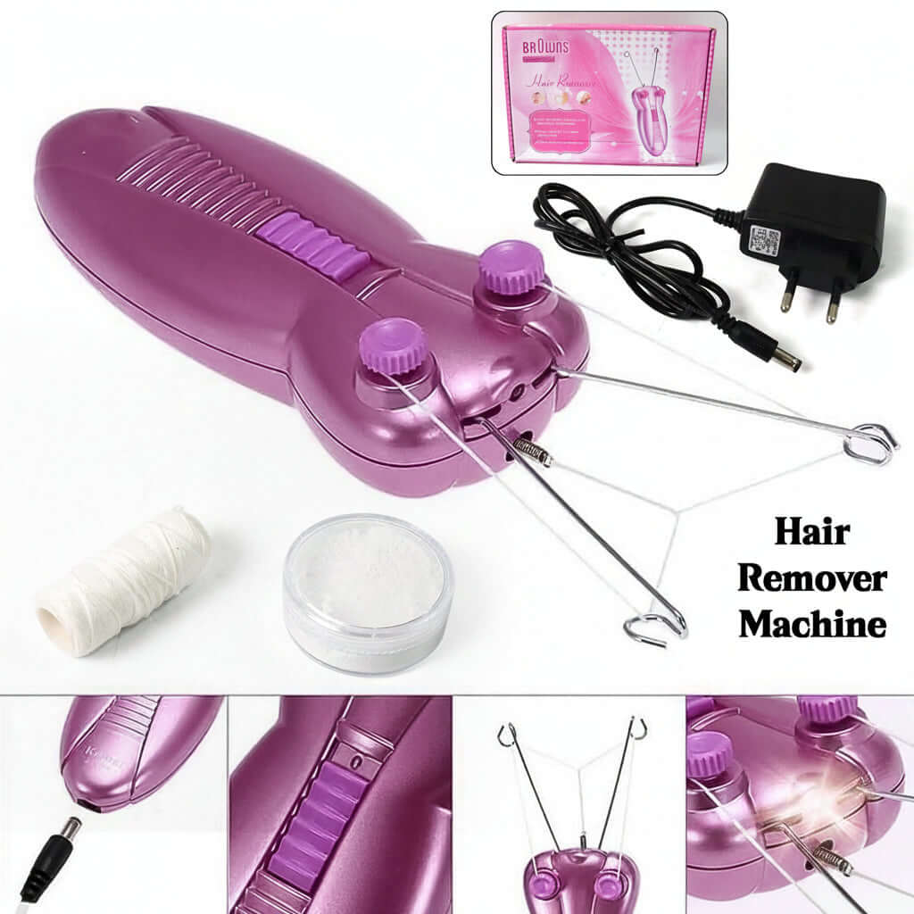Electric facial hair remover for women, cotton thread epilator machine with adapter and face powder.