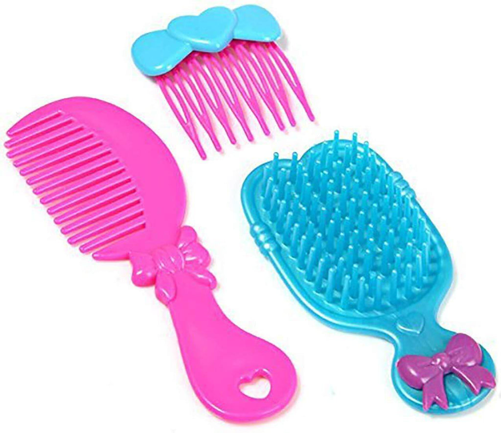 Colorful combs in pink and blue for kids beauty makeup set suitcase, ideal for pretend play and styling hair.