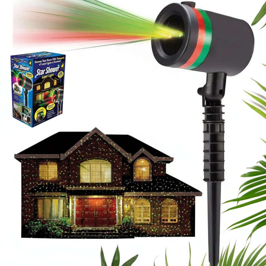 Star Fairy Laser Light Projector projecting red and green dots on a brick house for festive decoration.
