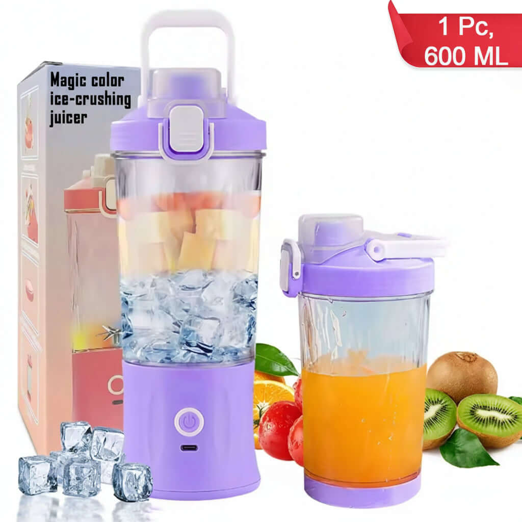 Portable electric juicer blender with 600ml capacity, ice, and fruit, perfect for on-the-go shakes.