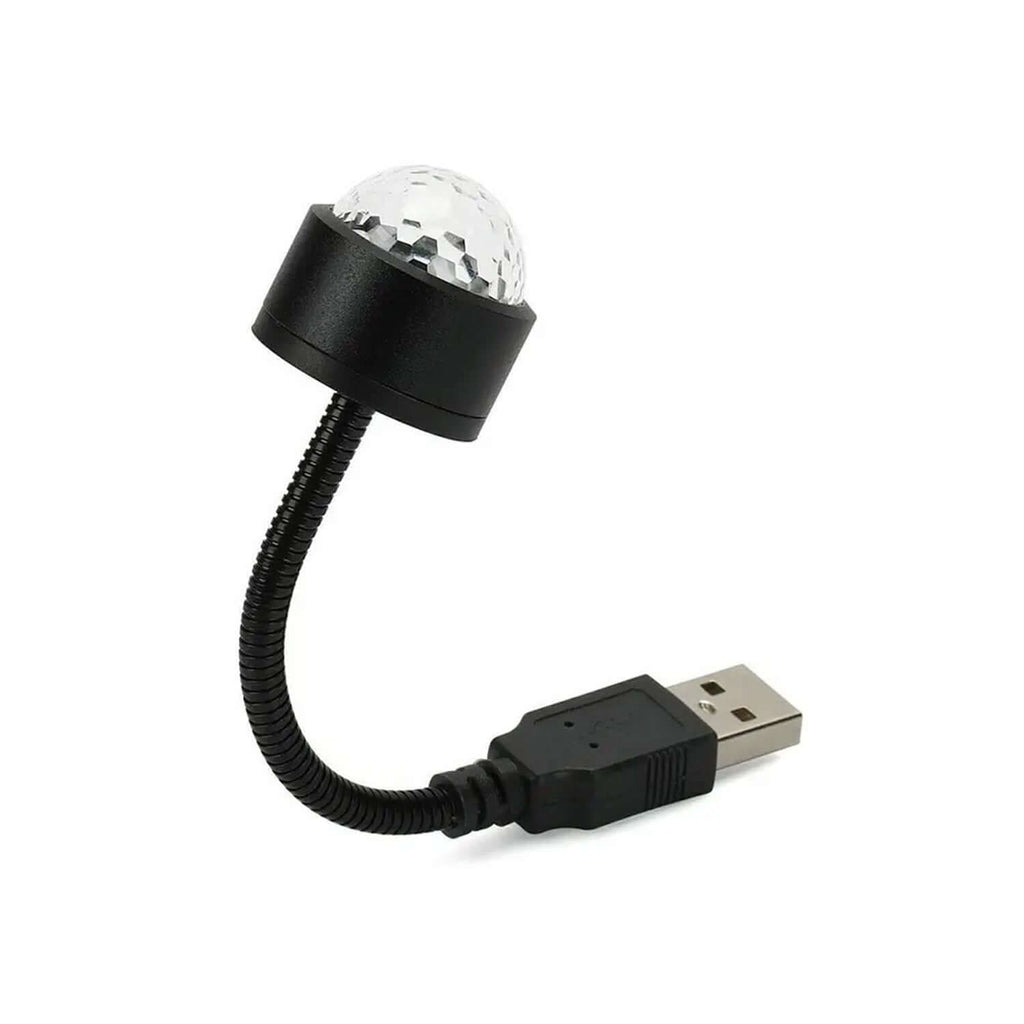 USB star night light projector with disco ball design and flexible neck connected to USB cable.