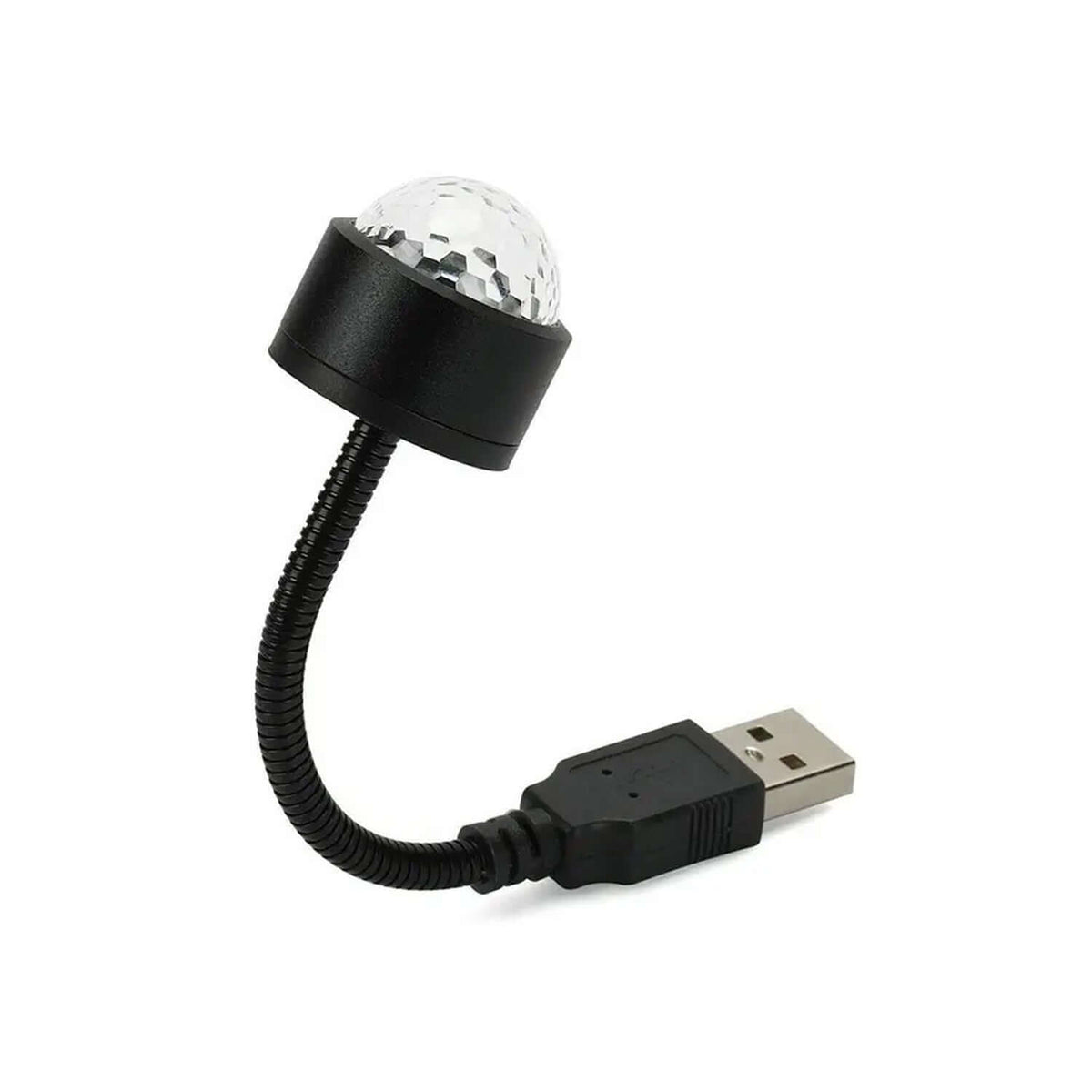 USB star night light projector with disco ball design and flexible neck connected to USB cable.