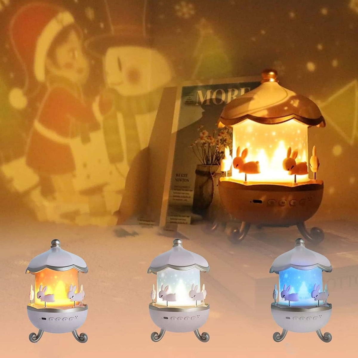 Bunny night light with music displaying a rotating carousel of bunnies and soft lullabies for children.