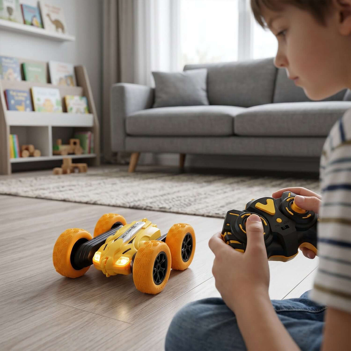 Child playing with a remote control flip stunt car in a cozy living room setting.