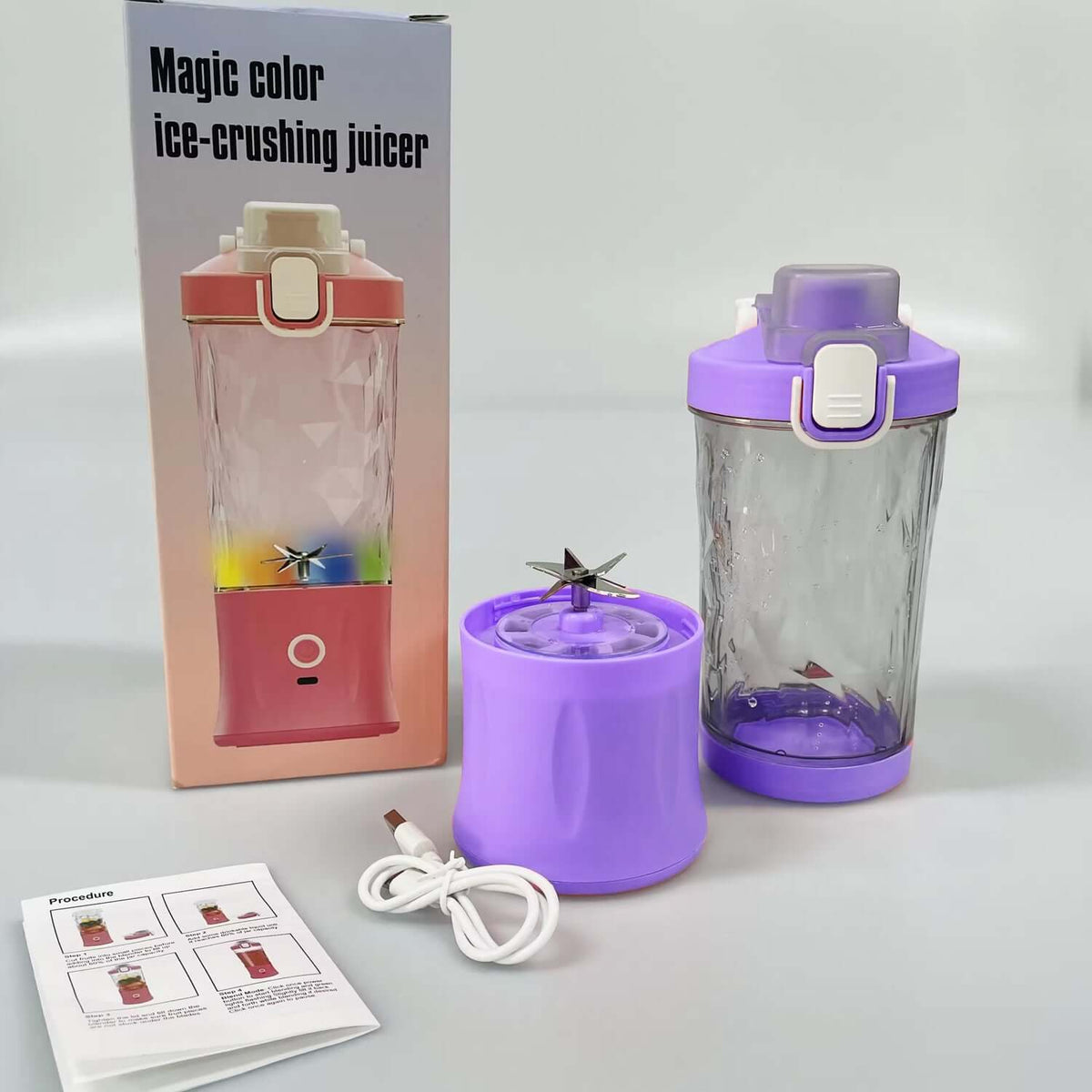 Portable electric juicer blender with LED, showcasing 600ml capacity and ice-crushing capability for on-the-go use.
