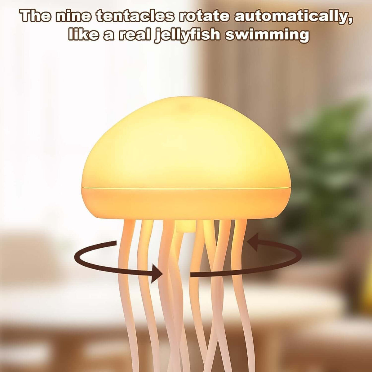Jellyfish LED mood light with rotating tentacles creating an enchanting ambience in a living room.