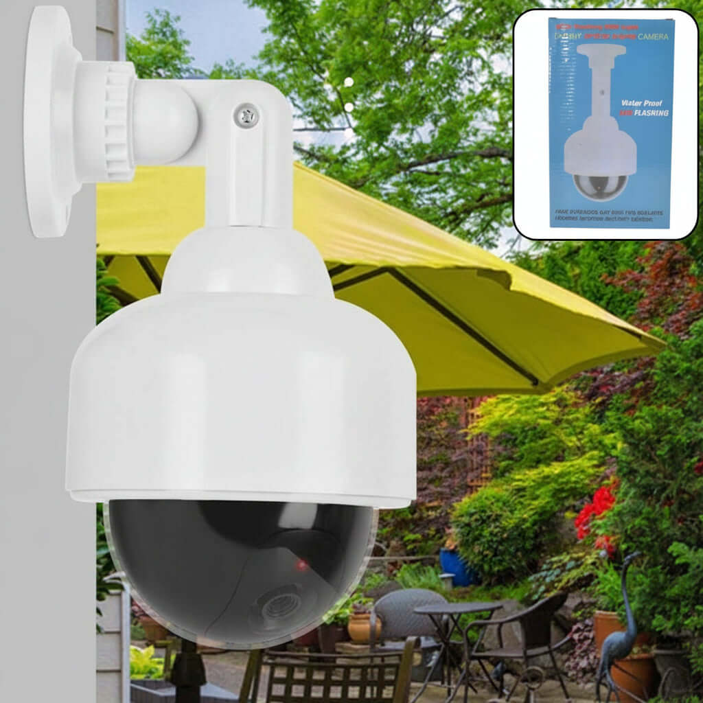 Realistic dummy CCTV camera mounted outdoors, featuring a blinking red LED for an authentic look.