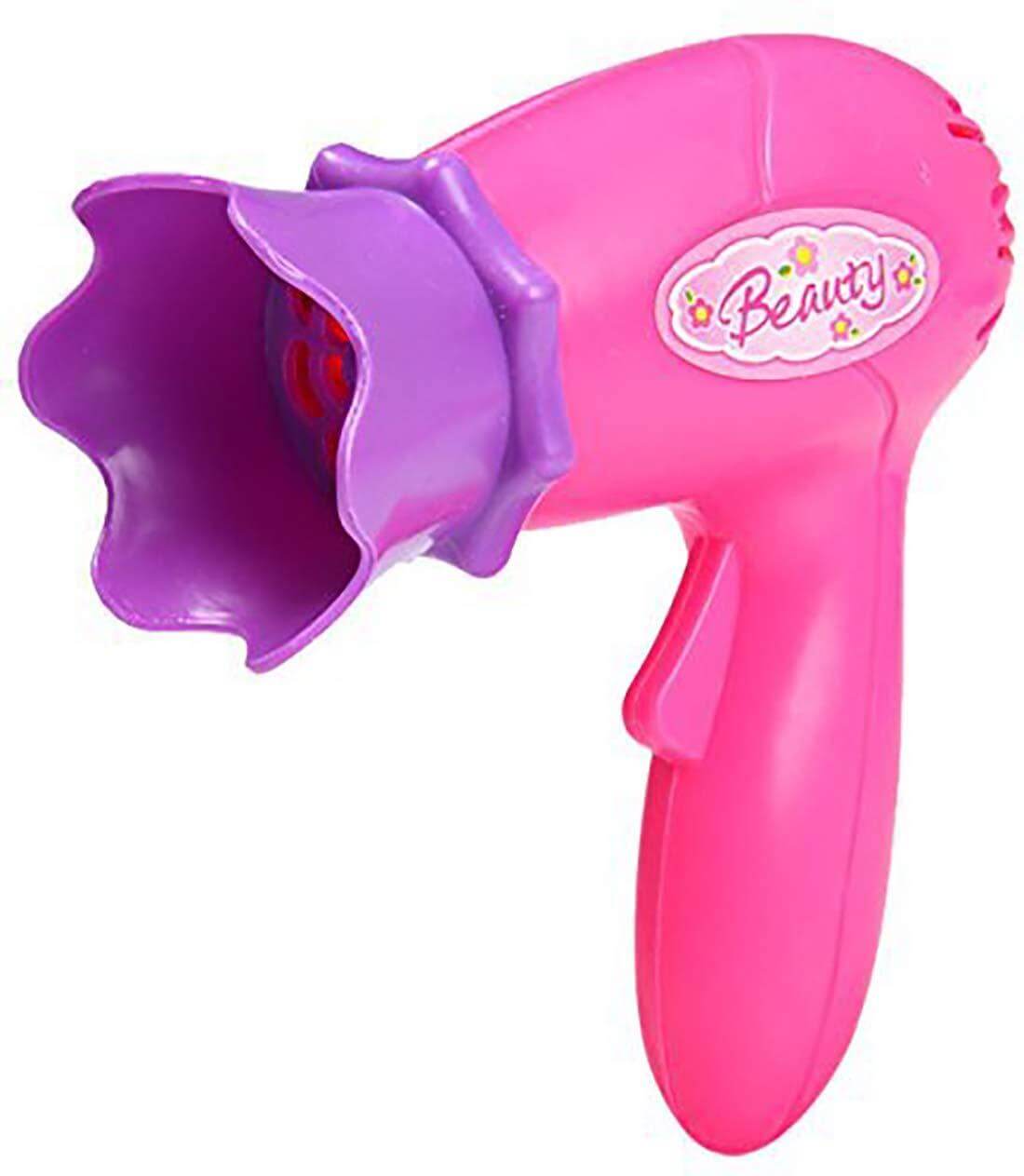 Kids beauty makeup set suitcase pink toy hair dryer with flower design for pretend play.