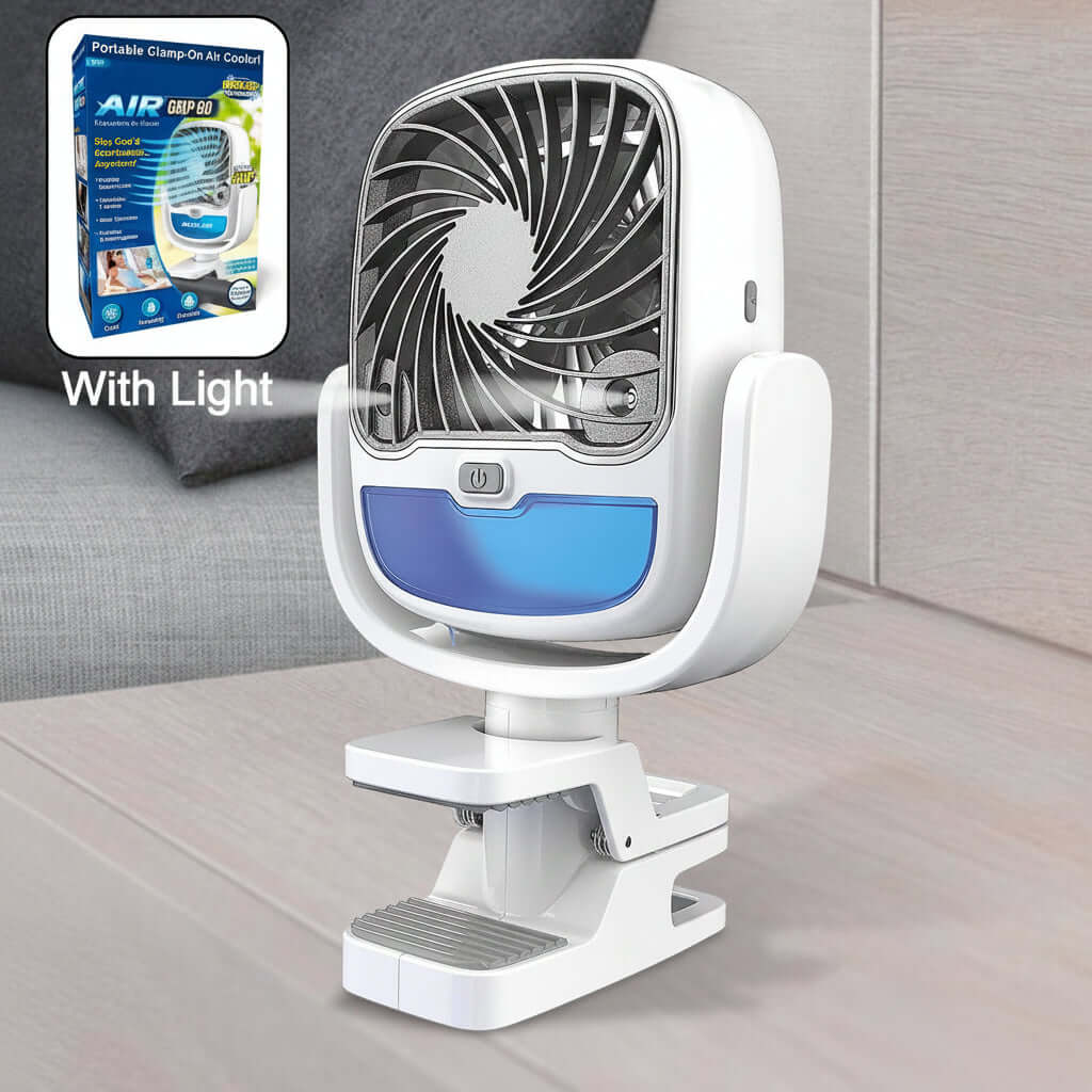 Portable clip fan with LED light, featuring a 360-degree swivel and water cooling, ideal for various settings.