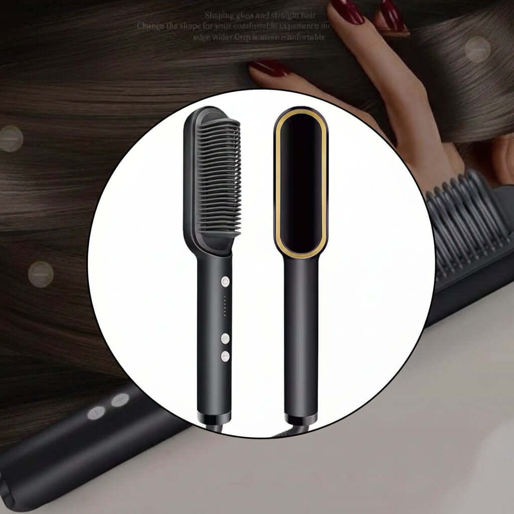 Hair straightener brush with scalp massage product image showcasing innovative styling features.