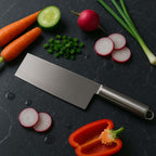 Ultra-sharp vegetable cleaver knife on a countertop with fresh vegetables like carrots, cucumbers, and radishes.