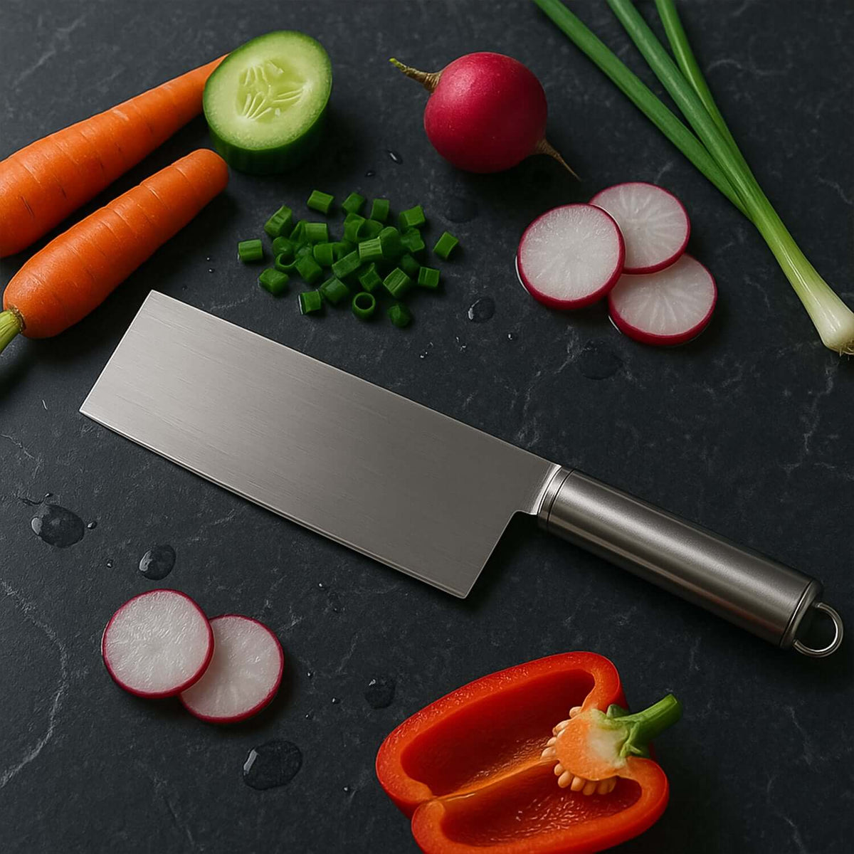Ultra-sharp vegetable cleaver knife on a countertop with fresh vegetables like carrots, cucumbers, and radishes.