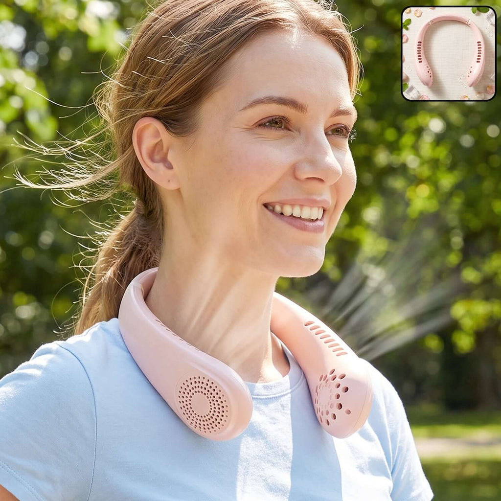 Woman enjoying a summer day wearing a USB rechargeable bladeless neck fan for optimal comfort.
