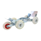 Heavy-duty motorcycle wheel stand with smooth-gliding nylon rollers for easy bike parking and maneuvering.