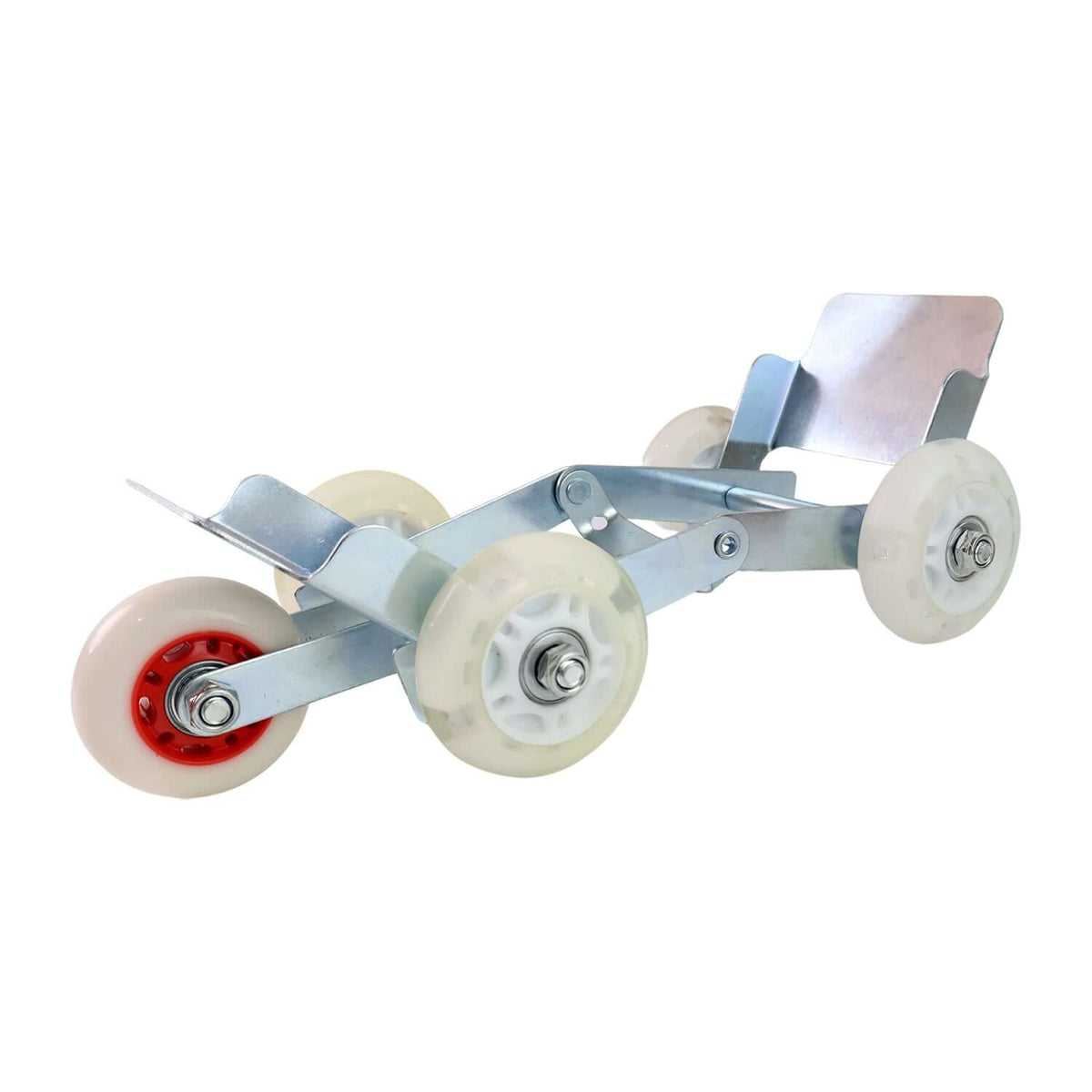 Heavy-duty motorcycle wheel stand with smooth-gliding nylon rollers for easy bike parking and maneuvering.