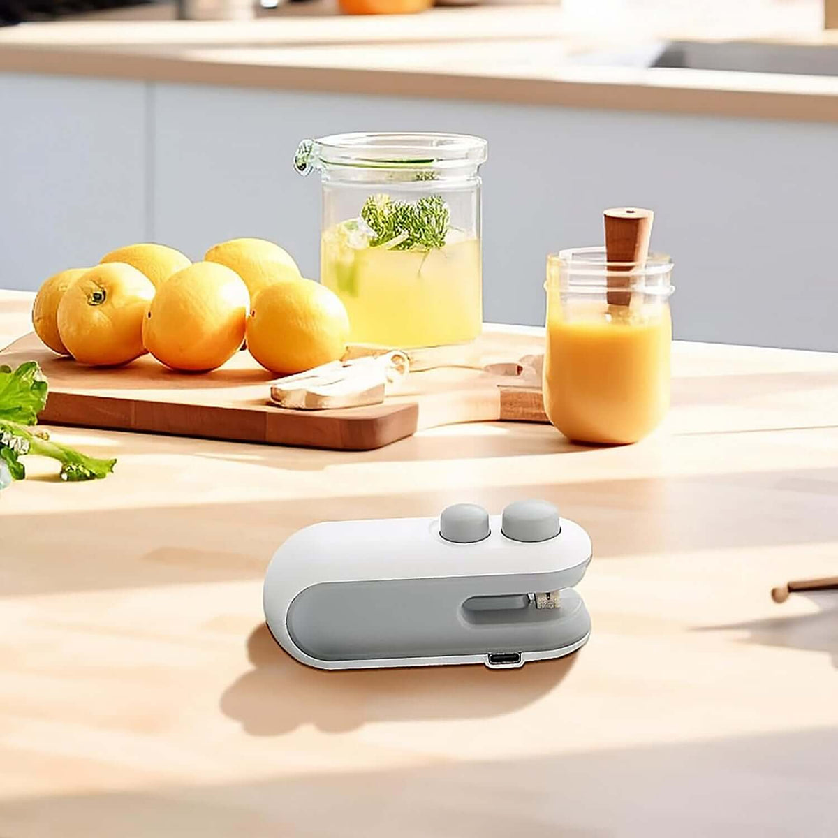 2-in-1 Mini Bag Sealer and Cutter - USB Type-C Rechargeable Handheld Food Pouch Sealer on kitchen countertop with lemons.