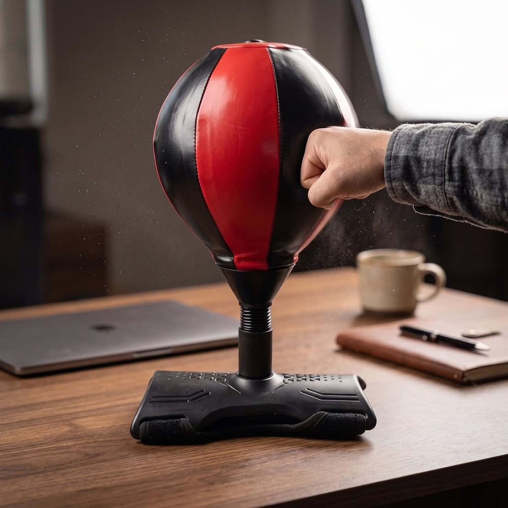 Inflatable punching bag with air pump being punched by a hand on a wooden table with a laptop and coffee in the background.