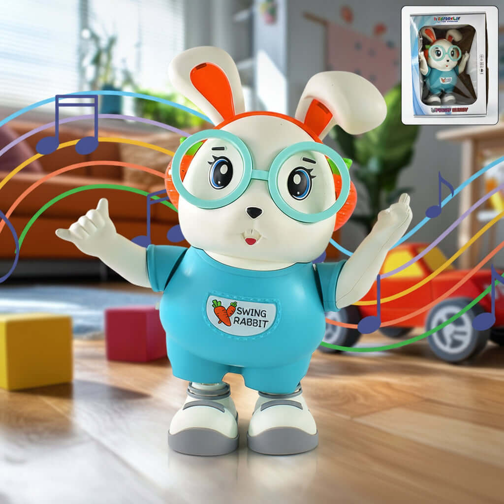 Swing Rabbit Musical Dancing Toy with Lights & Sounds, a colorful rabbit engaging toddlers with music.