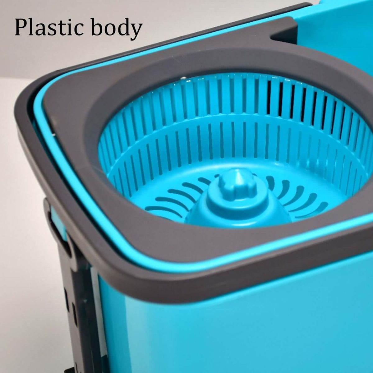Hands-free spin mop with wheeled bucket featuring a plastic body and efficient wringer.